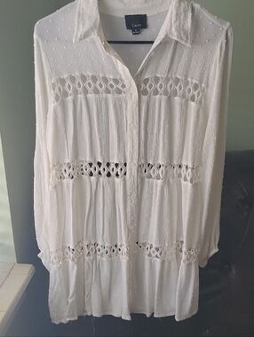Lumiere Cream Button-Front Crochet Tunic